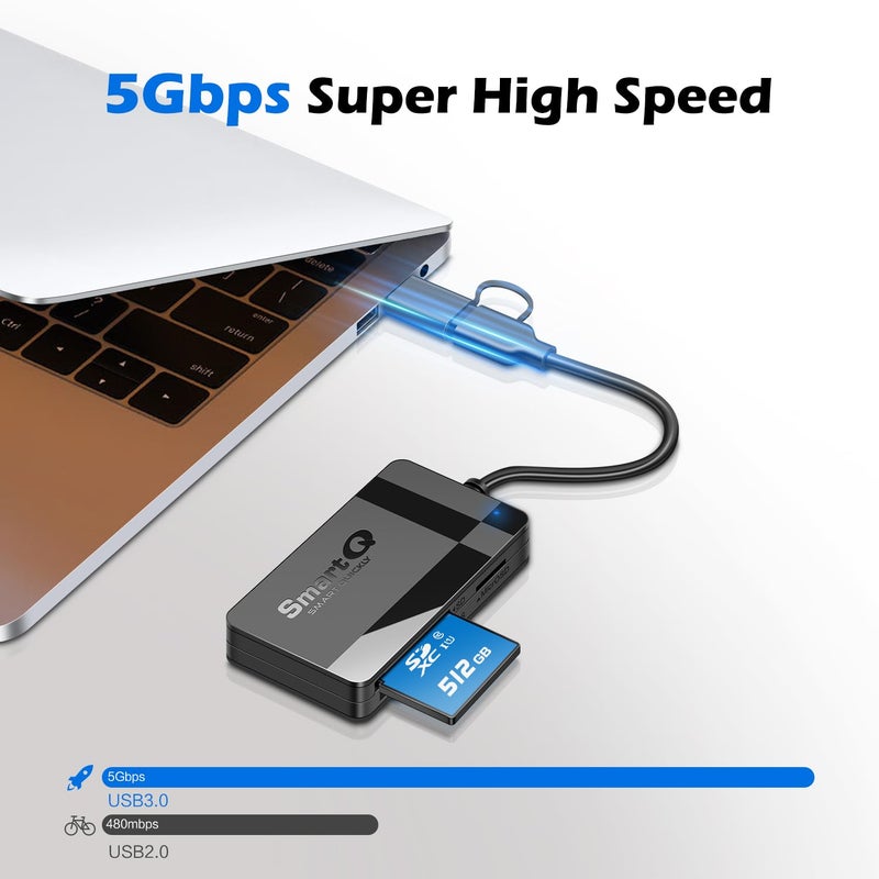 SmartQ SD Card Reader, Memory Card Reader 4 in 1 USB C USB 3.0 Dual Connector Adapter Simultaneously Read SD MS CF TF Cards Supports Micro SD/Micro. Compatible with desktops, Tablets, and USB-C Smartphones - Image 2